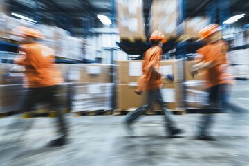 Obraz premium Three men in orange shirts are walking through a warehouse, generative ai image
