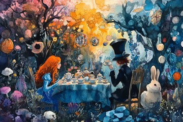 illustration of Alice sitting at the Mad Hatter's tea party, with the Mad Hatter, March Hare, and Dormouse in a whimsical garden setting. 