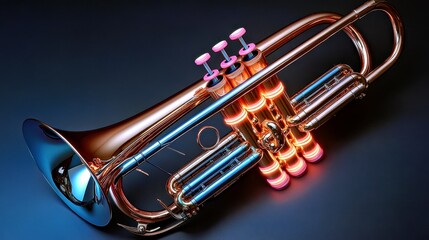 Naklejka premium Synthesis of Eras - Futuristic Retro-Inspired Chrome Trumpet with Neon Glowing Valves