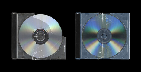 set of two cracked old music CD disc jewel case with compact disk and without cover in black background, y2k style	