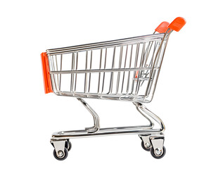 A shiny metal shopping cart with vibrant orange handles, symbolizing retail and modern consumerism.