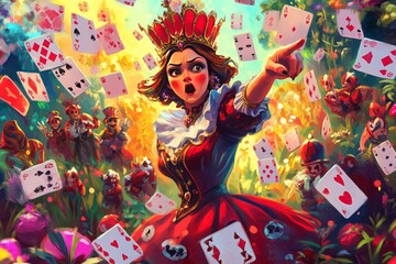 illustration of The Queen of Hearts angrily pointing while surrounded by her playing card soldiers in a vibrant garden. --ar 3:2 --v 6.1 Job ID: 46a87a65-8dc5-49d2-a987-69398e31f05e