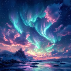 Ethereal Digital Aurora: Serene Landscape with Delicate Pastel Light Flowing Softly
