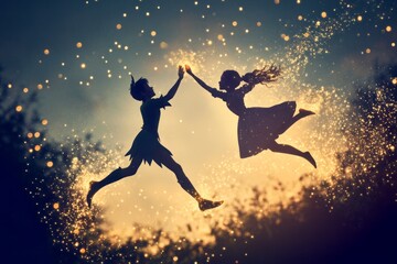 Peter Pan and Wendy dancing in the air above Neverland, with pixie dust sparkling around them