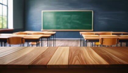 Wooden tabletop in a school classroom against a blackboard background. Empty countertop for product presentation. Mockup for design with desk. school classroom with blackboard