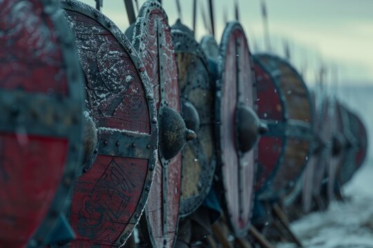 Viking shield wall, with warriors standing in formation 