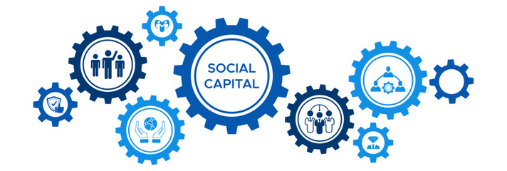 Social Capital and Interpersonal Relationship Vector Banner with Network, Trust, Reciprocity, and Engagement Icons