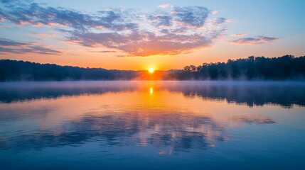 Obraz premium Serene Sunrise Reflection on Lake - Embracing New Beginnings and the Vitality of Hydration