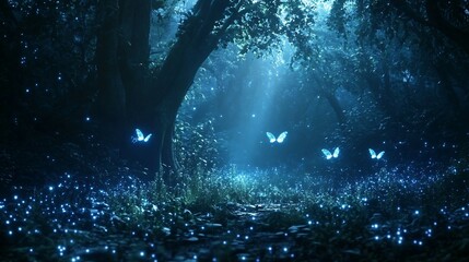 Fototapeta premium Bioluminescent Butterflies in a Dark Forest