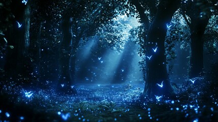 Obraz premium Enchanted Forest with Bioluminescent Fireflies at Night