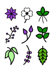 A set of nine floral icons, featuring various leaves, flowers, and buds, perfect for adding a touch of nature to your designs. These simple yet elegant graphics are ideal for creating patterns.