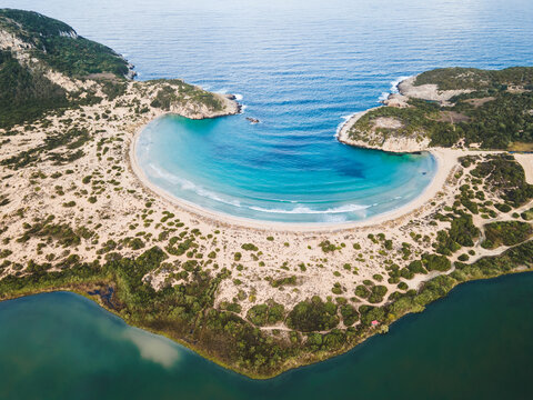 Beautiful Voidokilia beach in Messinia or Messenia, Peloponnese, Greece. Aerial view