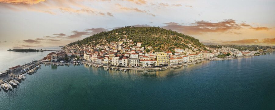 Gytheio or Gythio, Laconia, Peloponnese, Greece. Aerial view of Gytheio village , Mani Peninsula
