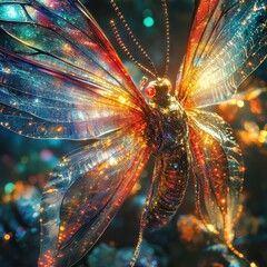Luminescent Cyber Insect Swarm: Futuristic Holographic Wings in Vibrant Display