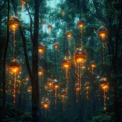 Obraz premium Enchanting Cyber Fireflies Lighting up Digital Forest at Night