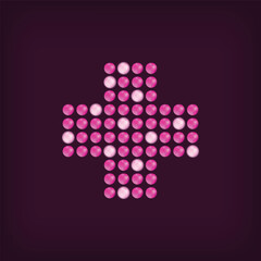 Unique led dot plus sign design. LED glowing medical font. Decorative cinema text vector.