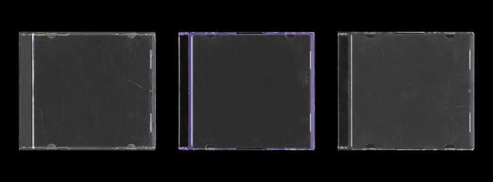 Set of three isolated mockup of old music CD disc jewel case with black cover layout for photo and artworks, in black background, y2k style