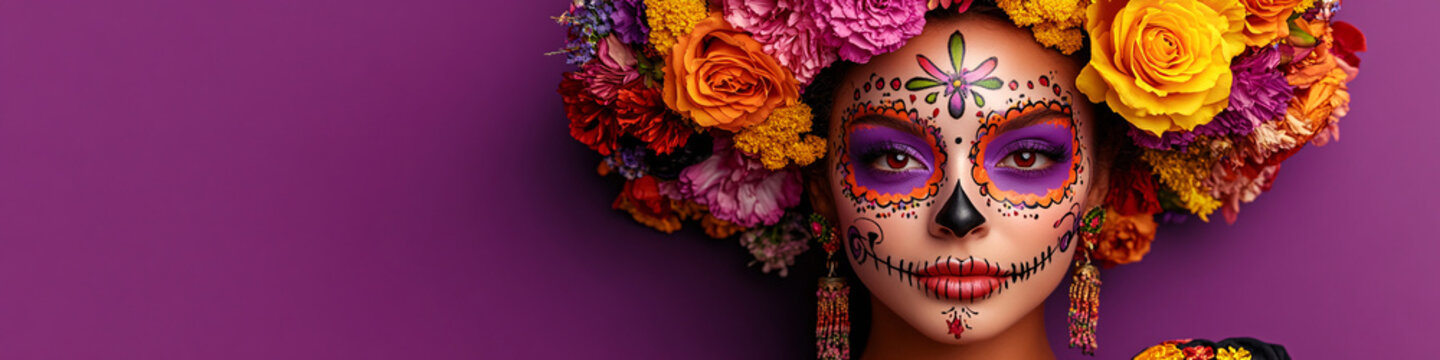 Dia de los Muertos banner with beautiful woman in sugar skull make-up, catrina calavera in flowers crown, wide banner concept for Mexican Day of Dead festival at solid vivid purple background.
