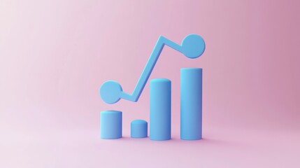 A blue 3D chart with bars and a rising line on a pink background.