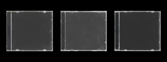 Set of three isolated mockup of old music CD disc jewel case with black cover layout for photo and artworks, in black background, y2k style