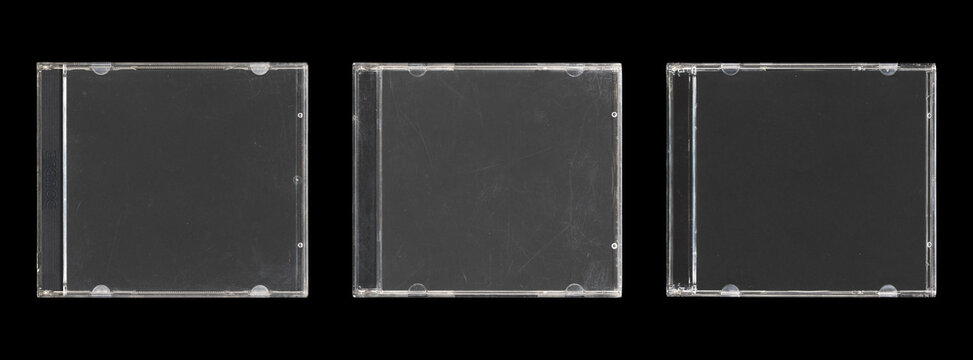 Set of three isolated mockup of old music CD disc jewel case with black cover layout for photo and artworks, in black background, y2k style