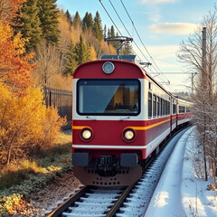 Fototapeta premium Jesień i zima na jednym zdjęciu z pociągiem