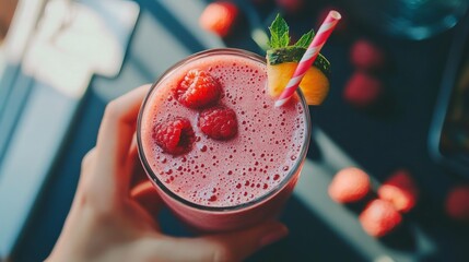 Stay Hydrated and Productive - Person Savoring a Fruit Smoothie at Desk for Refreshing Break from Work