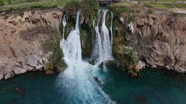 The More Famous Karpuzkaldiran Lower Duden Waterfall Roars Down into the Sea from the 50m High Cliffs in Antalya Lara District.