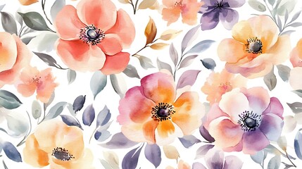 Watercolor floral pattern with delicate flowers in soft pink, orange, and purple hues.