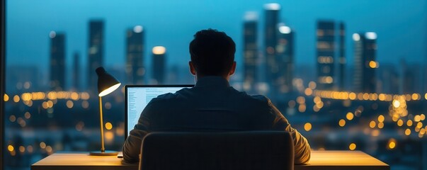 Naklejka na ściany i meble A professional working late in a hotel room with a city view