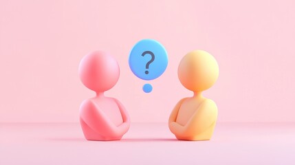 Two 3D figures with a question mark above them, on a pink background.