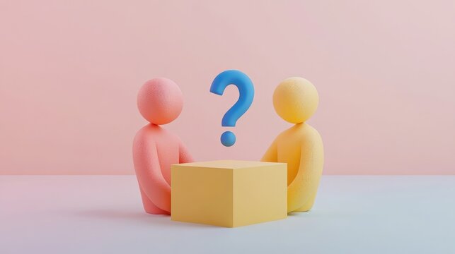 Two 3D figures sit together, one pink and one yellow, facing each other around a yellow cube with a blue question mark above it.
