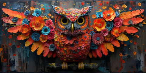 Fototapeta premium floral owls, bright neon colors, graffiti style, spray paint, spread wings