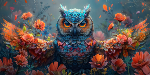 floral owls, bright neon colors, graffiti style, spray paint, spread wings