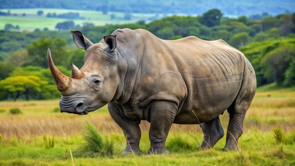 Obraz premium Magnificent Rhino Standing Proudly in the Wilderness with Lush Green Background