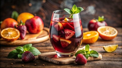 Refreshing Red Sangria with Fresh Fruits and Mint Garnish in a Glass on a Rustic Wooden Table