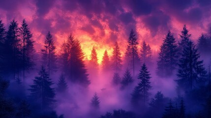 Fototapeta premium Enchanting Misty Forest at Dawn - Serene Purple Light Filtering Through Trees, Ethereal Nature Landscape