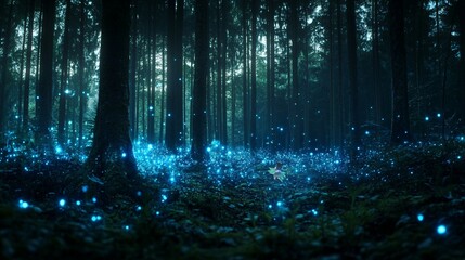 Fototapeta premium A Fairy Flying Through A Forest Filled With Bioluminescent Lights