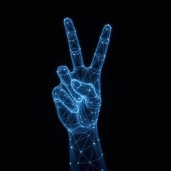 Polygonal blue hologram of hand giving v sign on dark background.