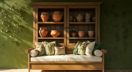 Shelf with pottery home decor in modern interior design setting with natural light
