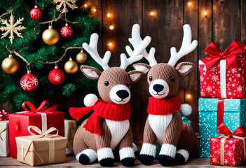 Knitted toy deer with gifts under decorated Christmas tree. Festive handmade souvenirs for Christmas