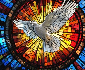 Beautiful stained glass depiction of the Holy Spirit ascending in light