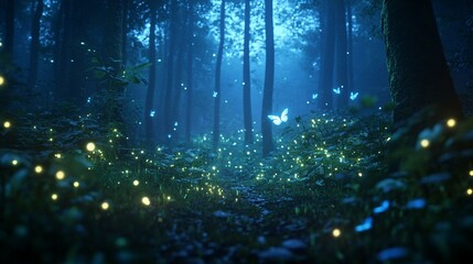 Fototapeta premium Enchanting Forest Night with Fireflies and Butterflies