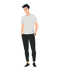 Vector illustration on a white background. A man in a white t-shirt and black pants. Minimalist style.