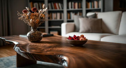 Fototapeta premium Coffee table with decorative flowers and stylish home decor in a modern living room