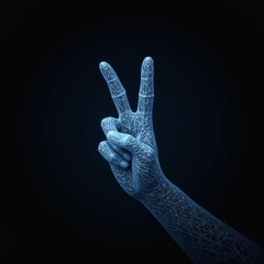 Polygonal blue hologram of hand giving v sign on dark background.