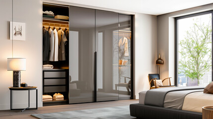Fototapeta premium Modern wardrobe in sleek interior design of contemporary bedroom featuring stylish furniture and natural light