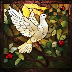 Stained glass depiction of the Holy Spirit as a dove among apples