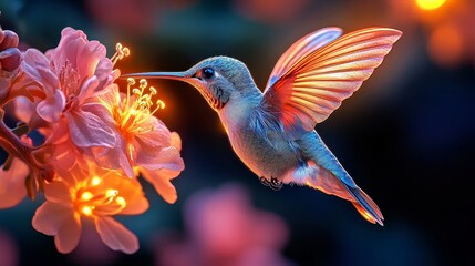 Enchanting Luminescent Hummingbird with Iridescent Wings near Glowing Flower in Delicate Balance