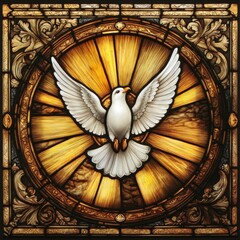 Stained glass depiction of the Holy Spirit as a dove in a church